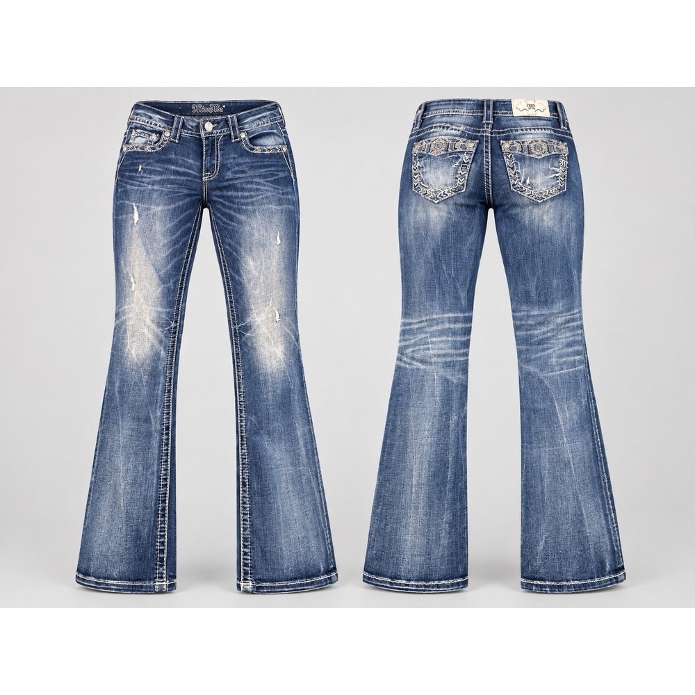 MISS ME  Boot Jean women 30x31 tribal aztec  thick stitch whiskering embelished